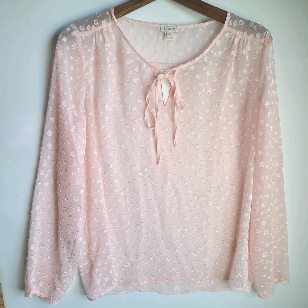 J Crew Womens‎ Pullover Sheer Blouse Size Small Light Pink Tie Front Polka Dot